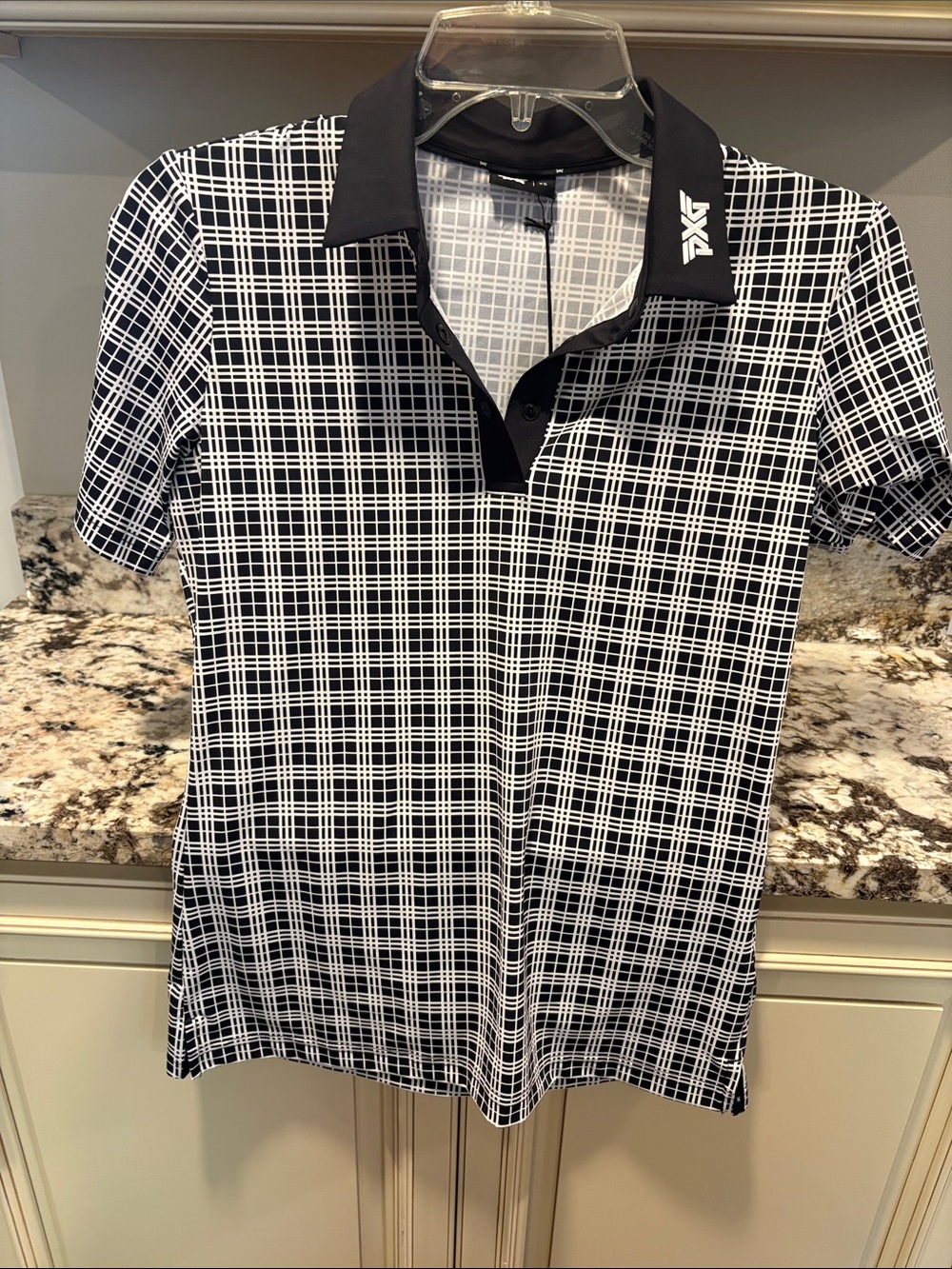 Women’s PXG Black & White Grid-Pattern Golf Polo, NWT